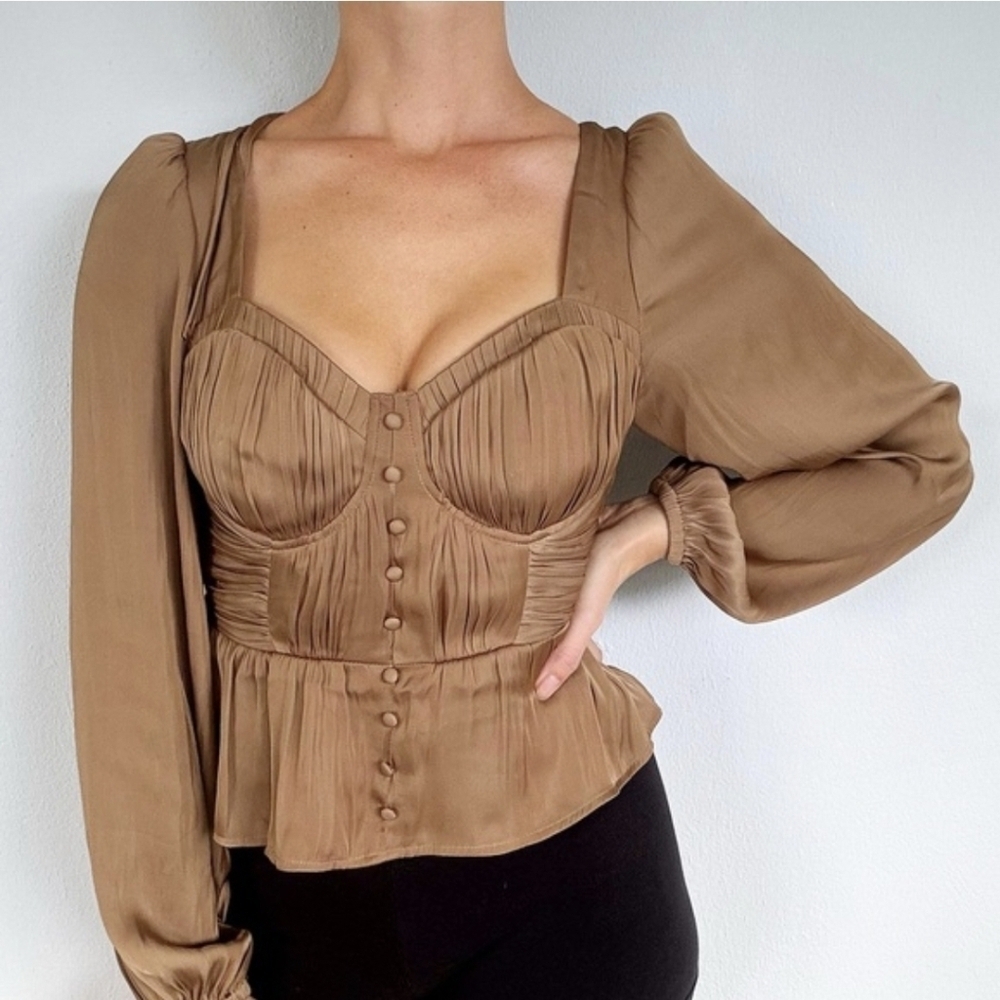 Joie XS Tan Satin Corset Top Puff Sleeve Cutout Tie-Back Romantic Date Night